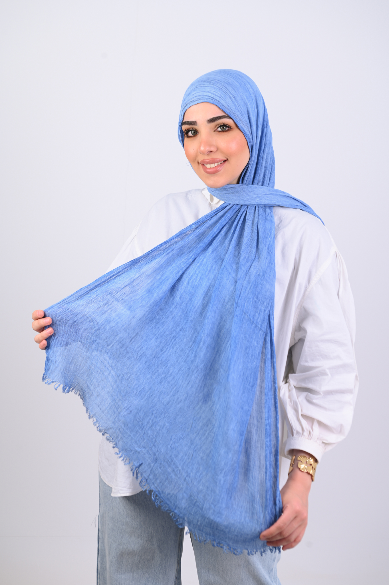 Ruffled Cotton Denim Blue